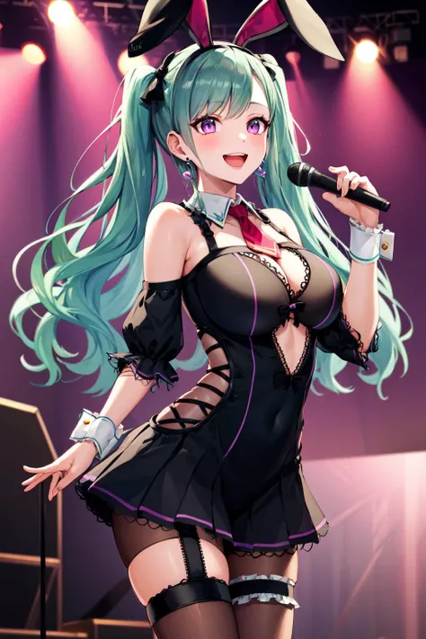 masterpiece, best quality, highres, yakumodd, long hair, twintails, heart earrings, rabbit ears, hairband, black dress, necktie, detached sleeves, wrist cuffs, clothing cutout, bow, thigh strap, bare shoulders, brown pantyhose, bra, <lora:yakumo_beni_v1:0.7>, stage, holding microphone, singing, smile, open mouth,