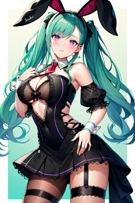 masterpiece, best quality, highres, yakumodd, long hair, twintails, heart earrings, rabbit ears, hairband, black dress, necktie, detached sleeves, wrist cuffs, clothing cutout, bow, thigh strap, bare shoulders, brown pantyhose, bra, <lora:yakumo_beni_v1:0.7>, cowboy shot,