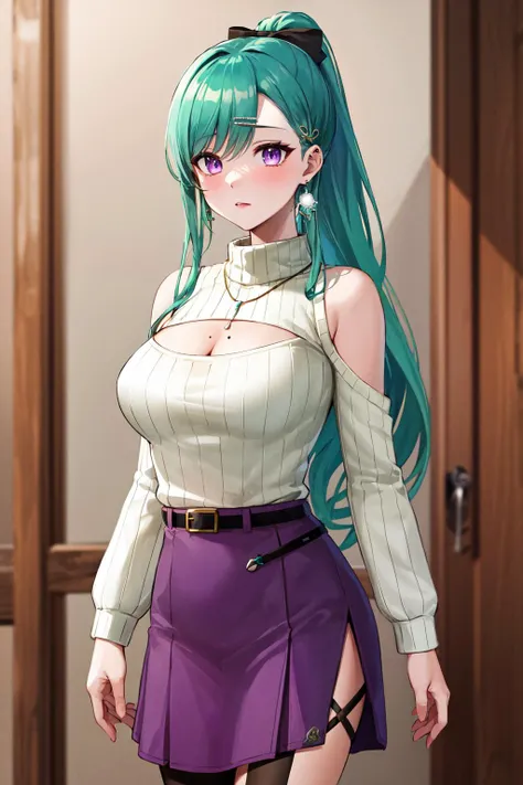 masterpiece, best quality, highres, yakumodd, long hair, ponytail, hair bow, triangle earrings, cleavage cutout, mole on breast, purple skirt, white sweater, turtleneck, belt, necklace, long sleeves, hairclip, <lora:yakumo_beni_v1:0.7>, cowboy shot, standing,
