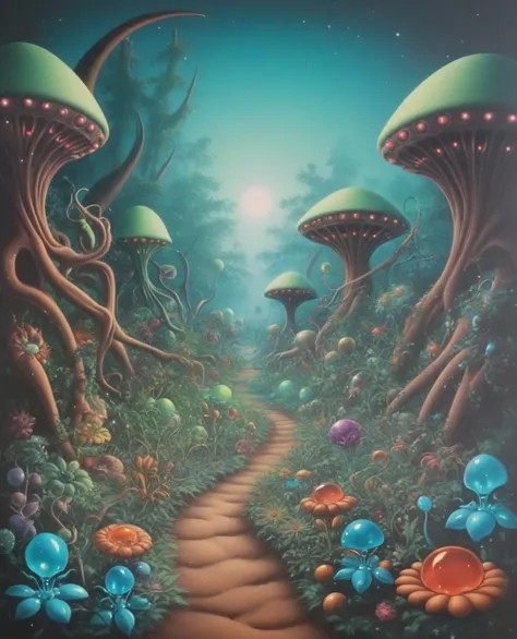 70s airbrush painting of an infinite jeweled alien garden <lora:70s_Sci-Fi_Art_XL:1>