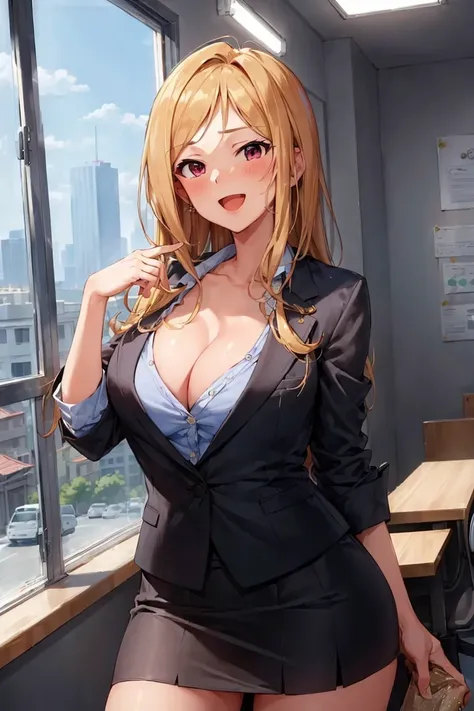 (masterpiece, best quality:1.4), looking at viewer, cowboy shot, :d, blush, rio momose, blonde hair, long hair, pink eyes, huge breasts, black suit, skirt suit, indoors, office, window, skyline, <lora:rio_momose_v1:1>, secretary, black standing