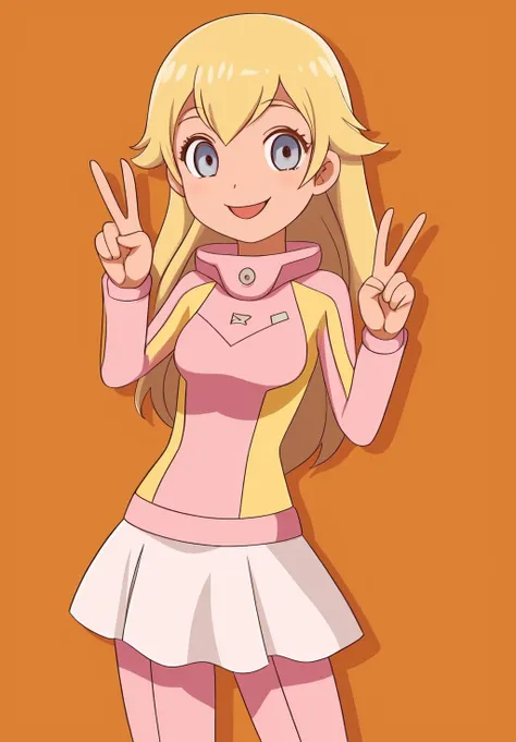 <lora:Funicia_Raffaeli:0.6>, Funicia_Raffaeli, 1girl, solo, bodysuit, skirt, smile, peace sign, wink,