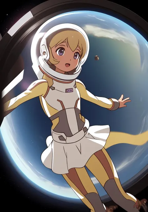 <lora:Funicia_Raffaeli:0.6>, Funicia_Raffaeli, 1girl, solo, bodysuit, skirt, helmet, in space, zero gravity,