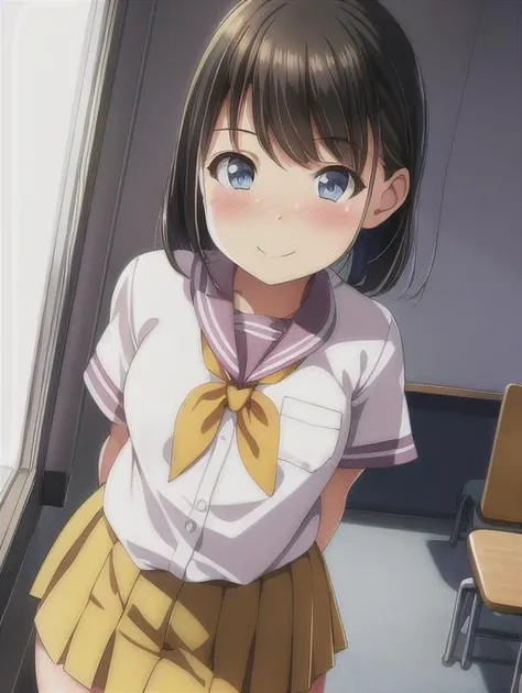 1girl, blush, smile, cowboy shot, dynamic angle, dynamic pose, arms behind back, small breasts, classroom, looking_at_viewer, school_uniform, <hypernet:matsunaga:1>