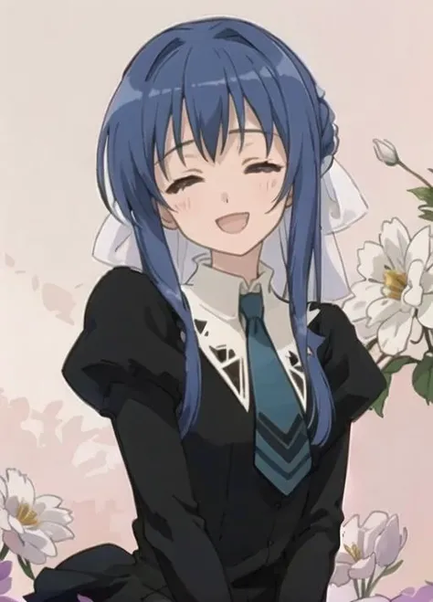 (masterpiece, best quality:1.2), Tamao, 1girl, solo, blue hair, long hair, ribbon, sidelocks, necktie, looking at viewer, purple eyeslong, sleeves, school, black uniform, puffy. <lora:tamao-19:0.7>, (smile, open mouth,  open mouth wider:1.3), (close-up), hands back behind, ((closed eyes)),   happy, excited, shouting, concentrated line, (flowers background), (light pink background:1.1),