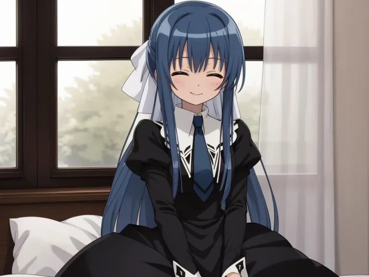 (ultra-detailed), masterpiece, high quality, tamao,
1girl, solo, cowboy shot,
blue hair, long hair, ribbon, sidelocks,
necktie,
looking at viewer,smile, happy,open_mouth,
closed eyes, black dress,
black uniform, puffy, sleeves,window,on_bed,
juliet sleeves, bow, indoors, <lora:tamao:0.6>