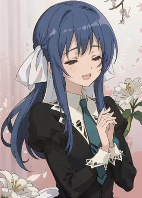 (masterpiece, best quality:1.2), Tamao, 1girl, solo, blue hair, long hair, ribbon, sidelocks, necktie, looking at viewer, purple eyeslong, sleeves, school, black uniform, puffy. <lora:tamao-19:0.7>, (smile, open mouth, open mouth wider:1.3), (close-up), fold hands in front, ((closed eyes)), happy, excited, shouting, concentrated line, (lily flowers background), (light pink background:1.1),