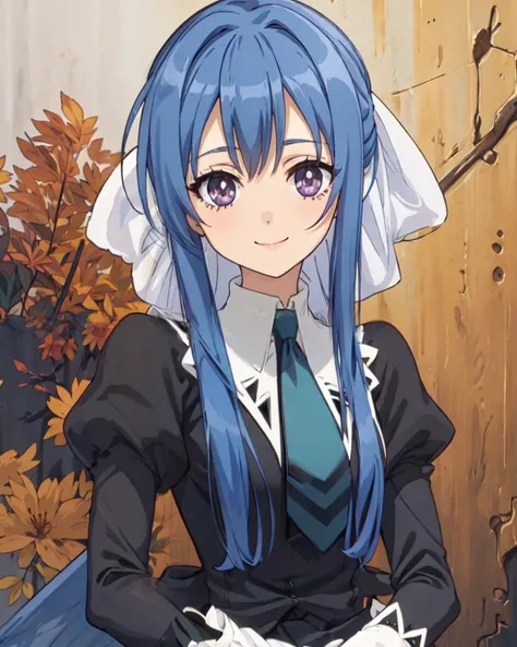 (ultra-detailed), masterpiece, high quality, tamao, 1girl, solo, cowboy shot, blue hair, long hair, ribbon, sidelocks, necktie, looking at viewer, purple eyes, black dress, black uniform, puffy, sleeves, juliet sleeves, bow, smile, church, <lora:tamao-19:0.7>
