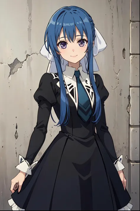 (ultra-detailed), masterpiece, high quality, tamao, 1girl, solo, cowboy shot, blue hair, long hair, ribbon, sidelocks, necktie, looking at viewer, purple eyes, black dress, black uniform, puffy, sleeves, juliet sleeves, bow, smile, <lora:tamao-19:0.6>