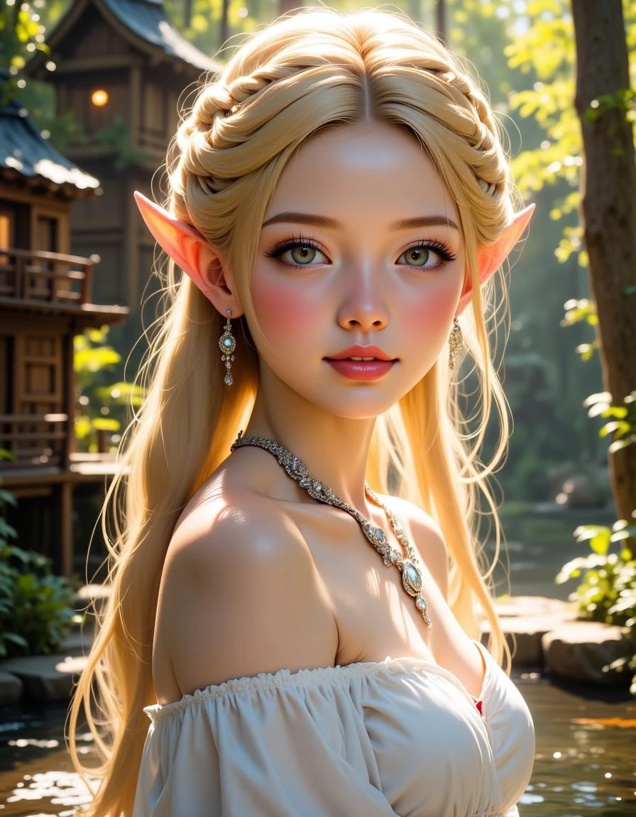 hyperrealistic digital painting by Jeremiah Ketner and Charlie Bowater and Stanley Artgerm and Thomas Saliot and J. Scott Campbell, shallow depth of field, realistic anime, bokeh, lifelike anime woman, closeup on cute face, eyes, lips
âlight elf, beautiful girl, light shinning skin, perfect body, standing in a forest village with tree house. The scene is captured in a Hollywood photo style, with cinematic lighting that highlights her ethereal beauty and the mystical surroundings.â((golden hair, braided hair, white long dress, silver necklace, jewelry)), ((models pose)), kdny_body_flux