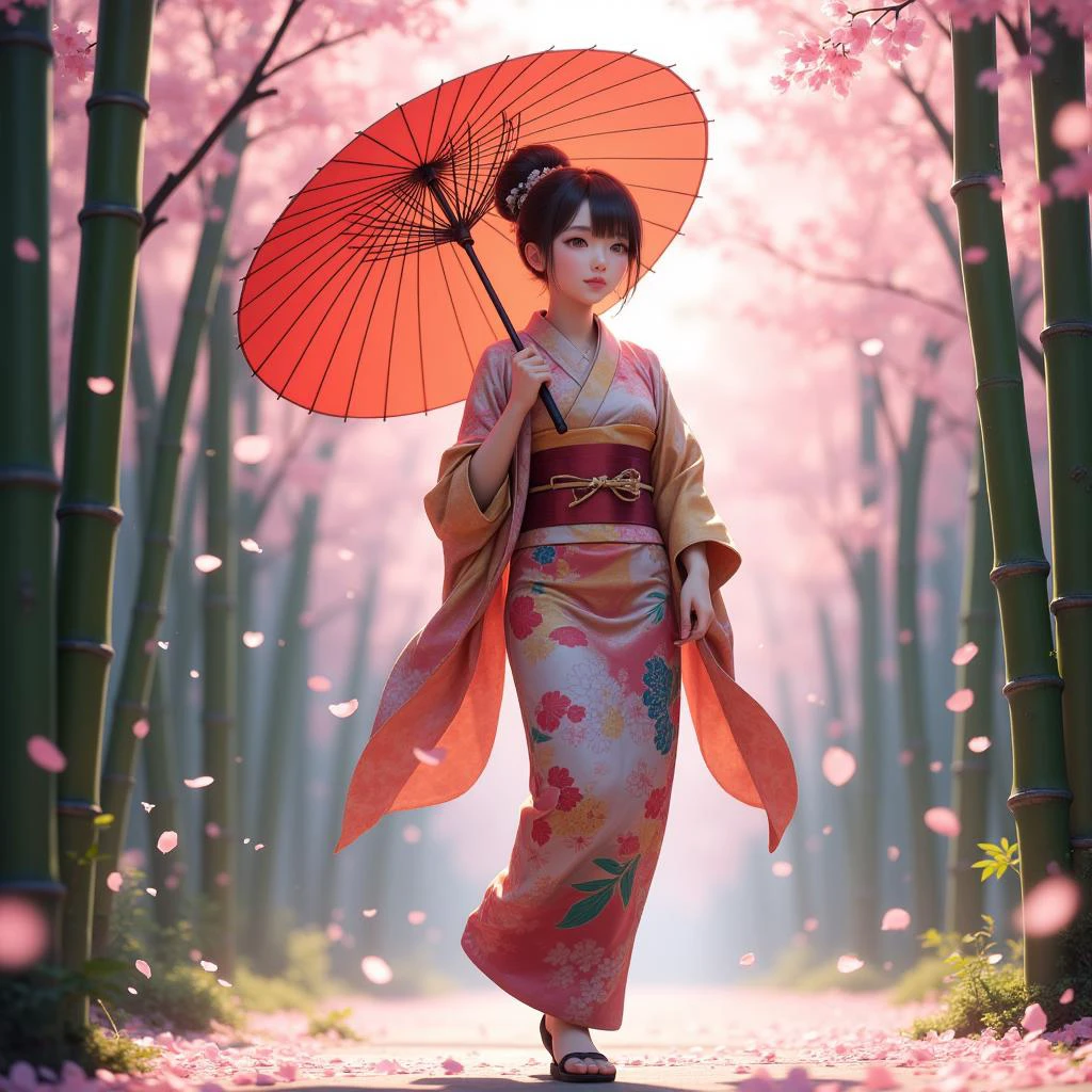 Imagine a beautiful and graceful Japanese woman in a vibrant kimono, walking under a breathtaking canopy of cherry blossoms in a peaceful bamboo grove. She carries a striking red Chinese oiled umbrella, which adds a splash of color to the scene and highlights her elegance. As she walks, cherry petals dance in the air around her, creating a magical, serene atmosphere filled with soft light and tranquility. 12K ultra-detailed 3D rendering, crystal clear, emphasizing the intricate details of the kimono, the beauty of the cherry blossoms, and the overall peacefulness of the setting. anime.