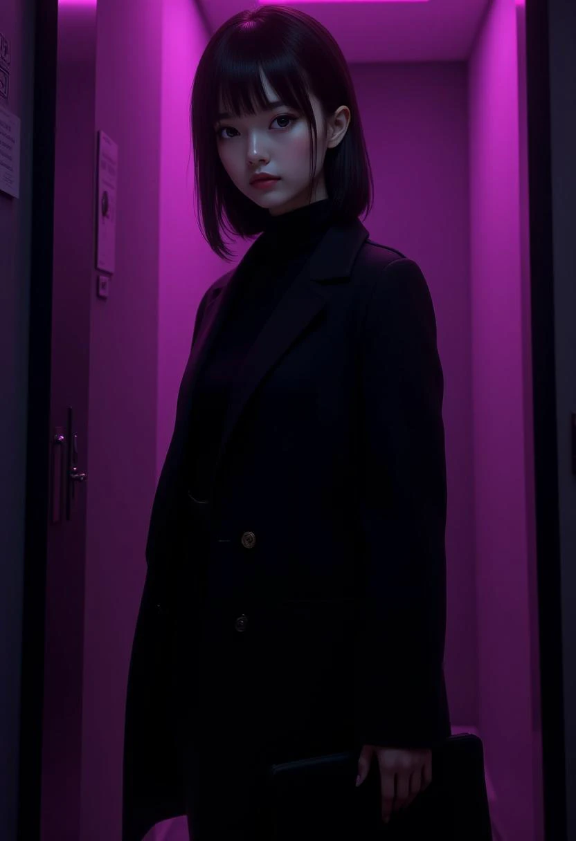 a slender 1 perfect pretty girl,wearing black coat,Minimalism background,as a (fashion model),dark room,graphic door sign,purple wall accents,pink lighting effect,standing upright,slight body turn,left hand on hip,right hand holding object,beautiful detailed eyes,beautiful detailed lips,a captivating gaze,and an alluring expression,((landscape view)),4k unity,(best illumination)  serious black  ,glamorous photo  . high fashion, luxurious, extravagant, stylish, sensual, opulent, elegance, stunning beauty, professional, high contrast, detailed, Minimalism, abstract, simple geometic shapes, hard edges, sleek contours, Minimalism,,dramatic angle,  masterpiece, 8k, cinematic lighting, hyper detailed, anime,