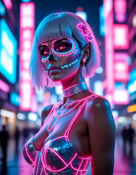 Woneon_facepaintflx, A captivating woman with silver hair and neon-geometric sugar skull face paint, with bold neon lines intersecting her face, standing in a futuristic neon metropolis, holographic neon dress and accessories that glow in sync with the city lights, photo-realistic, highly detailed, hyperrealistic, with futuristic lighting, 1girl, perfectly flat chest, tiny perky tits