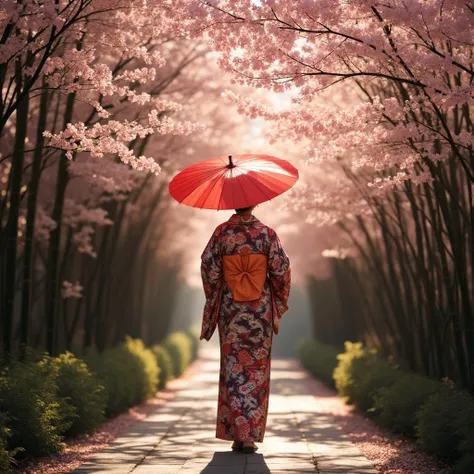 Picture an elegant Japanese woman, resplendent in a colorful kimono, walking through a stunning cherry blossom tunnel within a serene bamboo grove. Her red Chinese oiled umbrella is delicately held overhead, providing a striking contrast to the soft pink blossoms that flutter gently in the breeze. The scene is bathed in warm, dappled sunlight, enhancing the beauty of the moment and the intricate details of her attire. 12K ultra-detailed 3D rendering, crystal clear, capturing the enchanting atmosphere of the cherry blossom tunnel and the graceful presence of the woman.