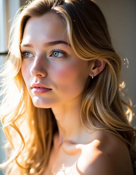 A serene, natural light portrait of a young woman with soft, sun-kissed skin. She has long, wavy blonde hair that cascades gently over her shoulders, catching the light. Her gaze is calm and contemplative, looking slightly off to the side with a subtle expression of thoughtfulness. The lighting highlights her facial features delicately, creating a soft shadow play on her bare skin. The background is neutral and minimalistic, allowing the focus to remain entirely on her. The overall atmosphere is quiet and intimate, with warm, natural tones adding a sense of tranquility, 1girl, perfectly flat chest, tiny perky tits