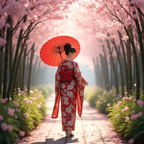 Visualize a beautiful and elegant Japanese woman gracefully walking through a stunning cherry blossom tunnel nestled within a serene bamboo grove. She is dressed in a vibrant, intricately patterned kimono adorned with floral motifs that complement the delicate pink petals surrounding her. In her hand, she holds a striking red Chinese oiled umbrella, which contrasts beautifully with the soft hues of the blossoms. Sunlight filters through the cherry blossoms, casting a gentle glow on the scene, creating a tranquil and enchanting atmosphere. 12K ultra-detailed 3D rendering, crystal clear, capturing the intricate details of the kimono, the delicate blossoms, and the graceful movement of the woman.