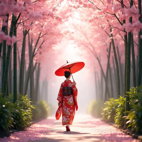 Visualize a beautiful and elegant Japanese woman gracefully walking through a stunning cherry blossom tunnel nestled within a serene bamboo grove. She is dressed in a vibrant, intricately patterned kimono adorned with floral motifs that complement the delicate pink petals surrounding her. In her hand, she holds a striking red Chinese oiled umbrella, which contrasts beautifully with the soft hues of the blossoms. Sunlight filters through the cherry blossoms, casting a gentle glow on the scene, creating a tranquil and enchanting atmosphere. 12K ultra-detailed 3D rendering, crystal clear, capturing the intricate details of the kimono, the delicate blossoms, and the graceful movement of the woman.