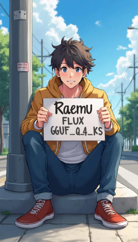 This is digital illustration in the anime style, a handsome man holds a sign that says "Raemu FLUX GGUF Q4_K_S". He is sitting on a street corner, it's a sunny beautiful day.