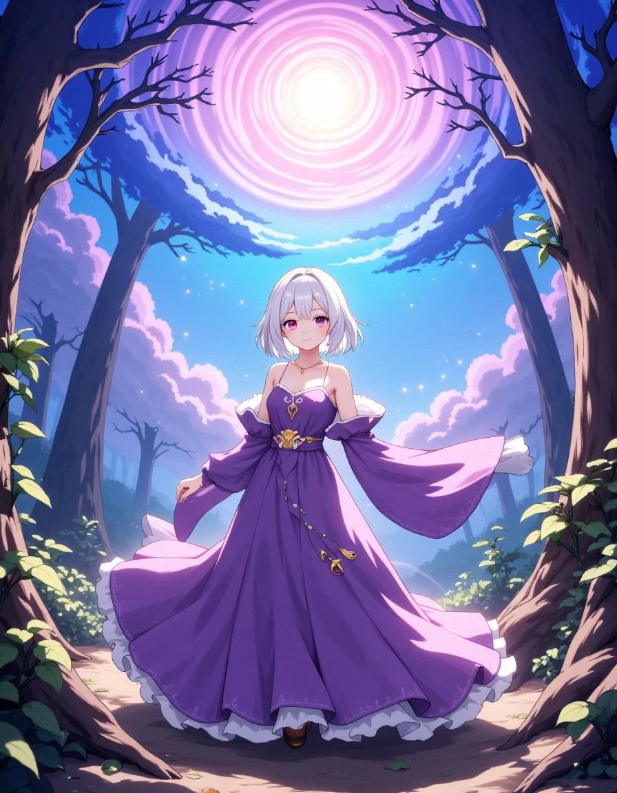 Depict Haru, a female character with an endearing, cute expression, standing alone in a whimsical forest surrounded by a vibrant, swirling sky that transitions into a mesmerizing magic circle. The atmosphere is filled with dynamic, ray-traced lighting that accentuates the intricate details of the environment and Haru's attire. She wears a show-stopping, purple long dress adorned with golden accents that catch the light, perfectly complementing her bright pink eyes and striking white hair. Haru's face is characterized by a round, heart-shaped visage with a happy, expressive demeanor, and her chest is flat and youthful. The scene is further enriched by an array of small, surreal elements scattered throughout the forest floor, adding to the overall sense of wonder and fantasy. Haru's pose conveys a sense of carefree joy, as if lost in her own world of magic and possibility.|SPLIT|person, female, Haru, standing, solo, cute, happy,, cute round face, small nose, pink eyes,, white hair styled in two side-swept bangs,, flat chest, pasty skin tone,, purple long dress with golden details,, intricate golden embroidery on sleeves and hem,, dress falls in soft folds to floor,, magic circle or array subtly integrated into background,, dynamic lighting casting warm glow on subject,, forest or trees subtly visible through translucent magic effects,, surreal, abstract atmosphere with dreamlike quality,, ray tracing for highly realistic image,, color scheme: pastel purples and pinks dominate,, extreme attention to detail on subject's clothing and accessories,, kdny_body_flux