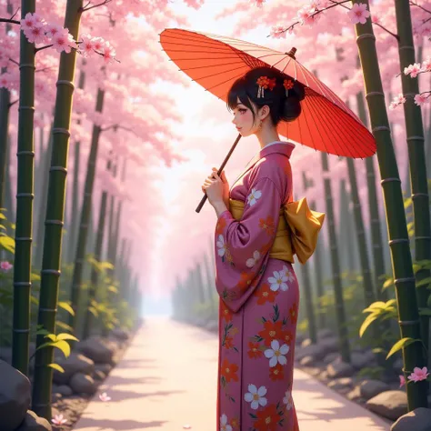 Picture an elegant Japanese woman, resplendent in a colorful kimono, walking through a stunning cherry blossom tunnel within a serene bamboo grove. Her red Chinese oiled umbrella is delicately held overhead, providing a striking contrast to the soft pink blossoms that flutter gently in the breeze. The scene is bathed in warm, dappled sunlight, enhancing the beauty of the moment and the intricate details of her attire. 12K ultra-detailed 3D rendering, crystal clear, capturing the enchanting atmosphere of the cherry blossom tunnel and the graceful presence of the woman. anime.