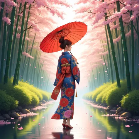  Imagine a graceful Japanese woman in a colorful kimono, adorned with intricate designs, walking serenely under a canopy of cherry blossoms within a lush bamboo grove. She carries a vibrant red Chinese oiled umbrella that adds a pop of color to the scene, perfectly framing her elegance. The air is filled with the soft rustle of bamboo leaves and the gentle fall of cherry petals, creating a magical ambiance. 12K ultra-detailed 3D rendering, crystal clear, showcasing the beauty of the kimono, the delicate cherry blossoms, and the serene setting of the bamboo grove. anime.