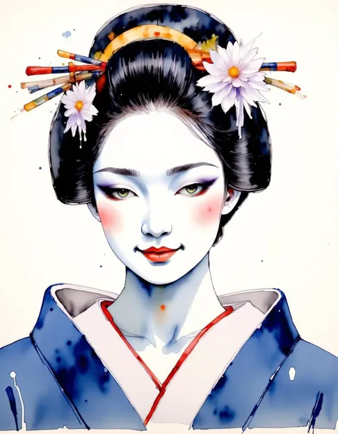 watercolor, watercolour, blue, purple, grey, geisha, smooth flat chest, kimono, portrait, face focus, shy, eye contact, hot spring,