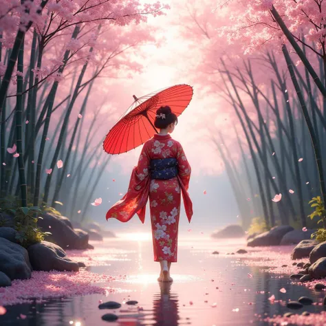 Imagine a beautiful and graceful Japanese woman in a vibrant kimono, walking under a breathtaking canopy of cherry blossoms in a peaceful bamboo grove. She carries a striking red Chinese oiled umbrella, which adds a splash of color to the scene and highlights her elegance. As she walks, cherry petals dance in the air around her, creating a magical, serene atmosphere filled with soft light and tranquility. 12K ultra-detailed 3D rendering, crystal clear, emphasizing the intricate details of the kimono, the beauty of the cherry blossoms, and the overall peacefulness of the setting. anime