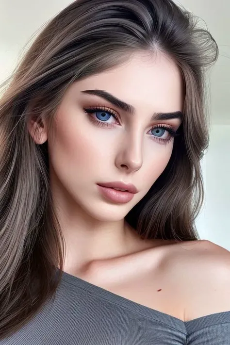 (CR-DianaBabyna-Supremo:0.9), closeup portrait of young woman, grey background, (slick hair:1.0),