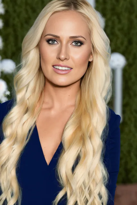 a close up photo of tomi lahren standing outside in a garden, hands behind her back, golden hour lighting <lora:tomi-lahren-1.0:1>