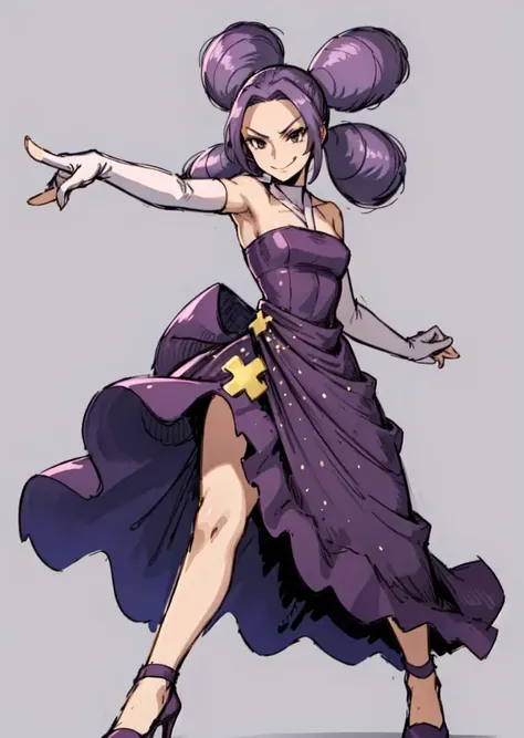 masterpiece, best quality, fantina, quadtails, strapless purple dress, elbow gloves, high heels, pointing, smug, simple background, blue background, action pose <lora:fantina-nv-v2-000012:1.0>