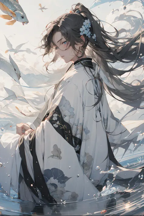 (masterpiece:1.2), best quality,PIXIV, splashing ink,
long hair, solo, hanfu, Chinese clothes, jewelry, blue eyes, earrings, male focus, white hair, 1boy, sash, floral print, floating hair, hair ornament, long sleeves, bangs, obi, ponytail, white cloth, closed mouth,Sit, sit on the stone, bamboo forest, bamboo,
<lora:splashing ink_20230807094909:1>