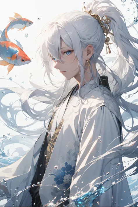 (masterpiece:1.2), best quality,PIXIV, splashing ink,
long hair, fish, solo, hanfu, Chinese clothes, white background, jewelry, blue eyes, earrings, male focus, white hair, 1boy, sash, looking at viewer, simple background, floral print, floating hair, from side, hair ornament, upper body, long sleeves, goldfish, bangs, koi, obi, ponytail, water, white kimono, closed mouth
<lora:splashing ink_20230807094909:0.8>