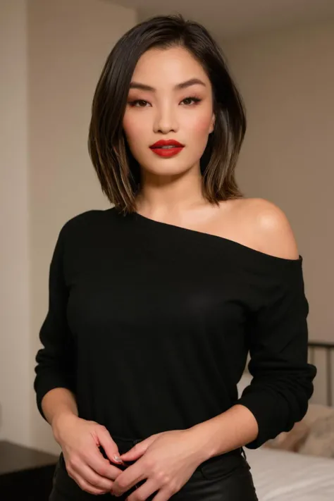 A RAW, a sexy girl, black sweater falling off one shoulder, black jeans, bright red lipstick, big perfect breasts, detailed eyes, lips parted, (medium bob haircut), bedroom, standing, hands on hips, happy, looking at viewer, upper body
<lora:[JP]_-_Anna_Sawai_XL:1> mt-annasawai <lora:extremely_detailed:0.3> extremely detailed