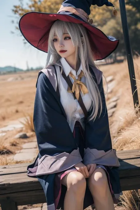 a girl with long white hair with purple-blue eyes, wearing Chinese clothes with a witch jacket and a skirt above her knees,