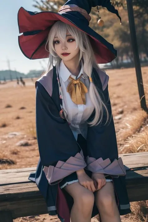 ltra-detailed,highly detailed,best quality,masterpiece,illustration,realistic,photorealistic,
elaina, witch, wizard, elaina \(majo no tabitabi\), cosplay, 1girl, solo,
looking at viewer, cowboy shot, sitting,
outdoors, day, river, reeds, wind,
<lora:elaina_v1_06:0.9>