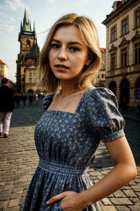 MinxxMarii <lora:MinxxMarii_v1.0:1> <lora:add_detail:0.8> epic character composition, by ilya kuvshinov, alessio albi, nina masic, sharp focus, natural lighting, subsurface scattering, f2, 35mm, film grain,matte skin, pores, colors, hyperdetailed, hyperrealistic, confident, certain, poise, conviction, faith, boldness, looking at camera, perfect face, perfect eyes, looking at viewer, (Modest Floral Midi Dress: A knee-length dress with a modest neckline and short sleeves, featuring a subtle floral pattern. Paired with closed-toe sandals:1.2) with a (modest neckline and short sleeves:1.3), layered beaded jewelry., huge necklaces, multiple necklaces, :1.2), (undershirt:1.4), close-up, (zoom:1.3), (upper body shot:1.4), In the romantic city of Prague, the photographer composes an upper body portrait, framing the model against the backdrop of historic castles, cobblestone streets, and the intricate details of Gothic architecture. The expressive gaze harmonizes with the fairy-tale-like atmosphere, turning the scene into a captivating canvas for her allure. Dramatic folds and rich tonal contrasts unfold against the charming textures of Old Town Square, accentuating the model s natural contours. The play of sunlight, filtering through the spires of Prague Castle and casting soft shadows on the Baroque facades, imparts a warm radiance to the setting. Subtle textures and timeless elegance interweave, creating a visual masterpiece that seamlessly blends the model s modern style with the timeless beauty of Prague. In the serene simplicity of this European gem, the photographer transforms light into an art form. The model effortlessly integrates into the historic surroundings, each fold and highlight contributing to a composition that captures not just the visual but also the tactile essence of the moment. This photograph becomes a conduit for emotion, inviting the viewer to feel the history, hear the echoes of the past, and envision the embrace of opulence within the cultural richness of Prague. The photographer s skill transforms the interaction between the model and the cityscape into a poetic harmony, leaving an indelible mark on the senses.