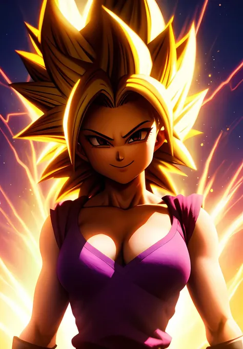 (Photo:1.3), highdetail, <lora:Caulifla:0.8>, Caulifla, 1girl, solo, super saiyan, blonde hair, aura, thunder, sardonic smile, (acclaimed, alluring, captivating, exciting, gorgeous, striking:1.3), (trending on artstation:1.3)
