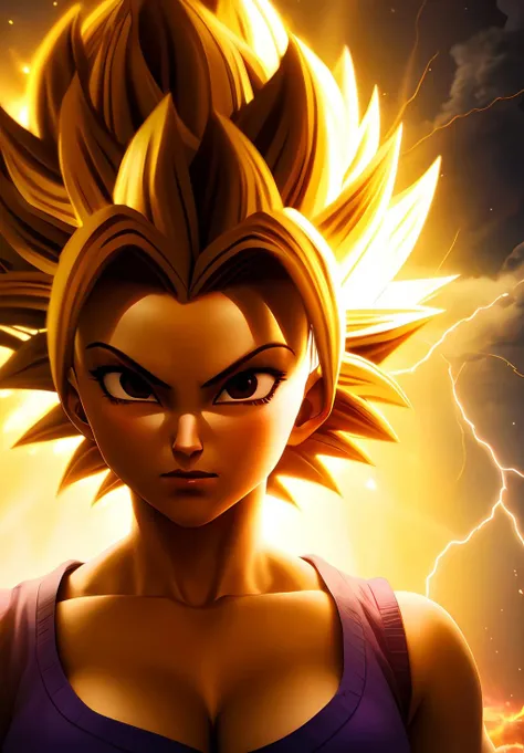 (Photo:1.3), highdetail, <lora:Caulifla:0.8>, Caulifla, 1girl, solo, super saiyan, blonde hair, aura, thunder, (acclaimed, alluring, captivating, exciting, gorgeous, striking:1.3), (trending on artstation:1.3)