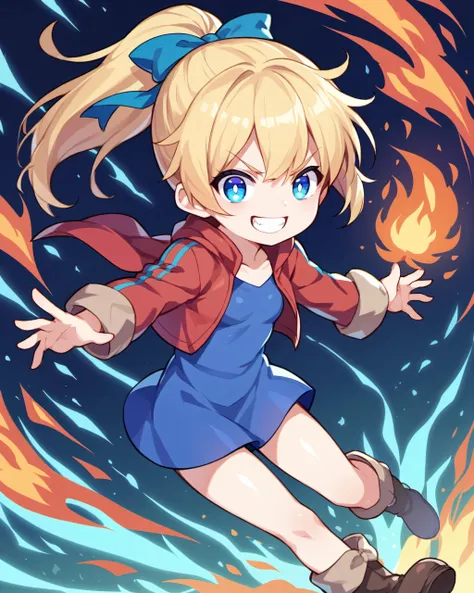 score_9, score_8, score_7, source_anime,
1 girl,outdoors,short_torso, solo focus,solo,child girl,small breasts,
blue short dress, blonde hair, ponytail, blue eyes, short_jacket, hair ribbon, boots,
by krile ff5 ,evil smile, angry,
magic fire,(fire:1.2)
, <lora:krile ff5PonyXL:0.3> <lora:head:1>