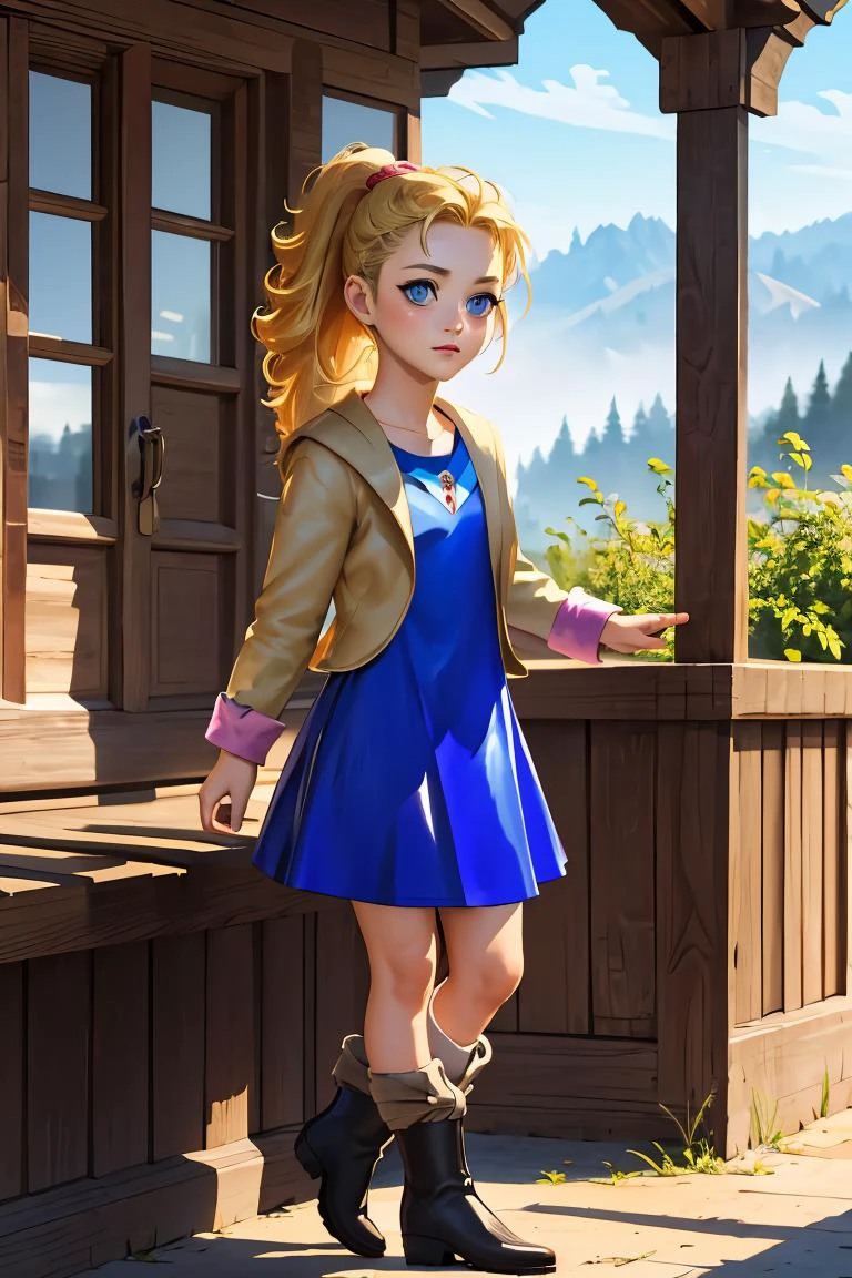 (masterpiece, best quality), 1girl, <lora:krile ff5V2:1> krile ff5, blue eyes,jacket,blue dress,boots