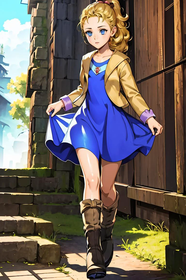 (masterpiece, best quality), 1girl, <lora:krile ff5V2:1> krile ff5, blue eyes,jacket,blue dress,boots