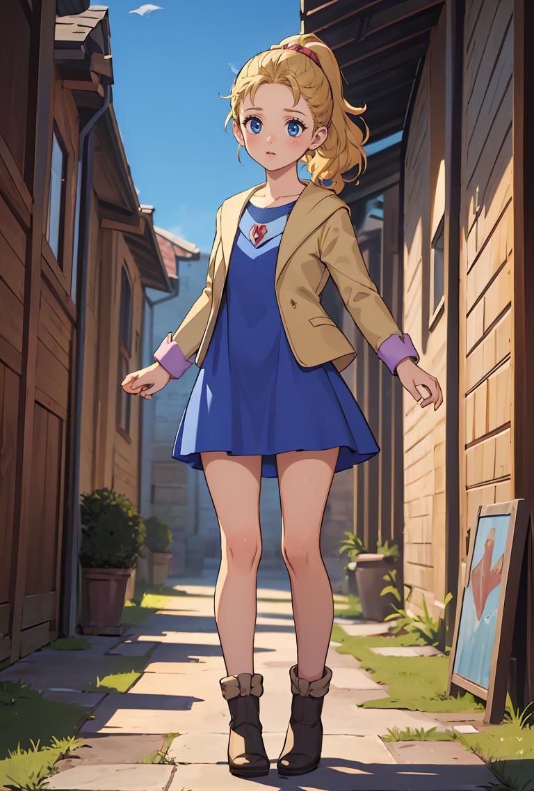 A woman in a blue dress and brown jacket standing on a sidewalk - SeaArt AI