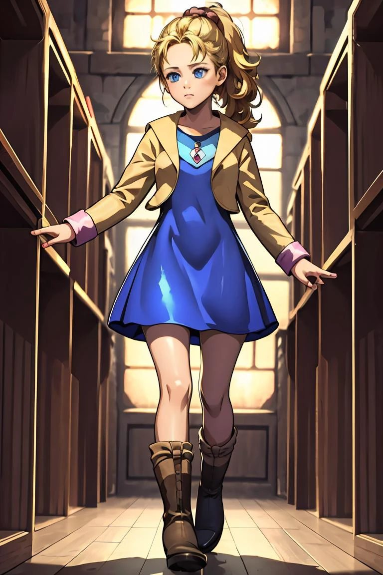 (masterpiece, best quality), 1girl, <lora:krile ff5V2:1> krile ff5, blue eyes,jacket,blue dress,boots