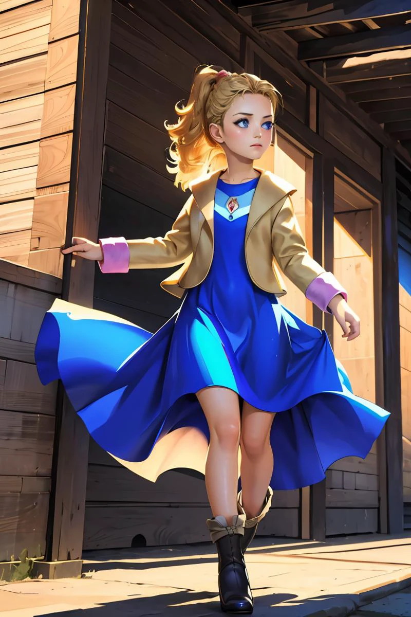 (masterpiece, best quality), 1girl, <lora:krile ff5V2:1> krile ff5, blue eyes,jacket,blue dress,boots