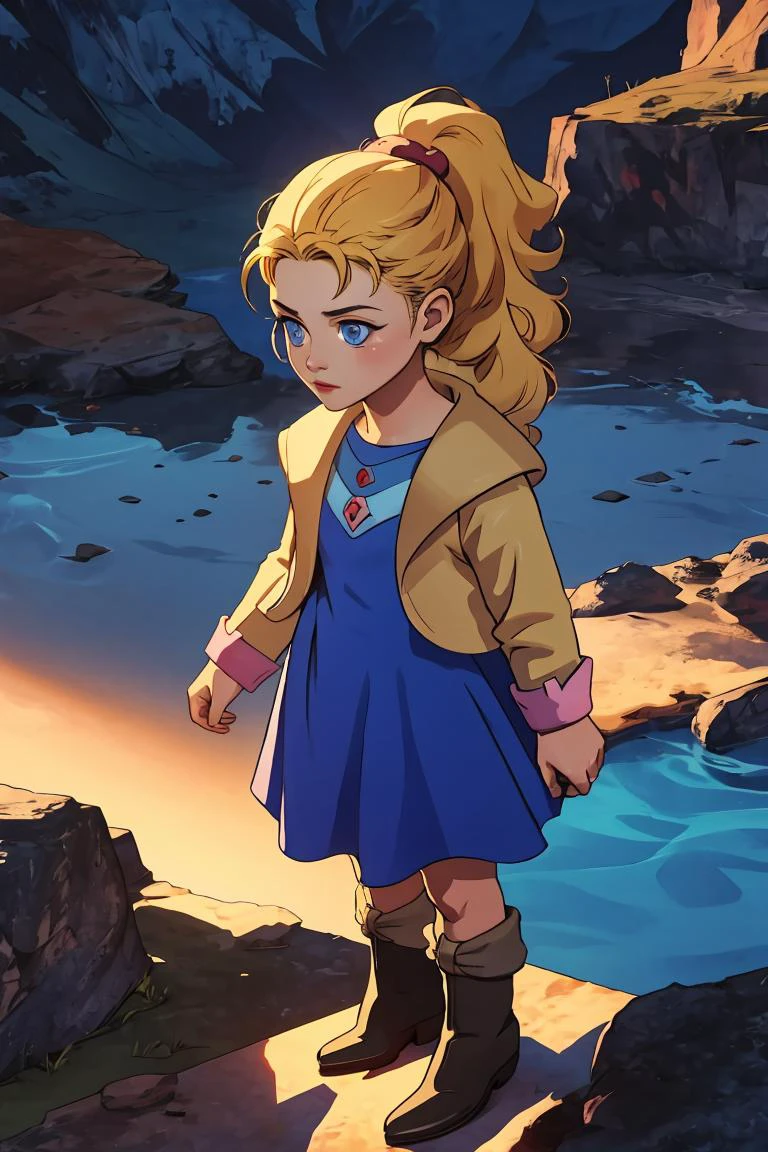 (masterpiece, best quality), 1girl, <lora:krile ff5V2:1> krile ff5, blue eyes,jacket,blue dress,boots