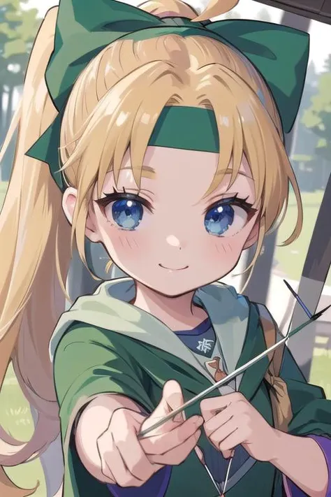 masterpiece, best quality,ultra detail,4k <lora:GoodHands-vanilla:0.6>girl,.petite,smile,close up,krile ff5, <lora:krile ff5:0.7>forest,blue eyes,blonde ponytail,(headband,green robe,bow and arrow),aiming viewer
