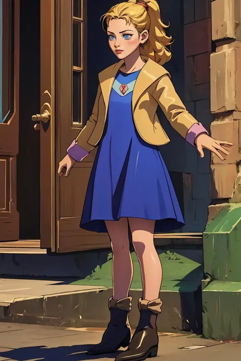 (masterpiece, best quality), 1girl, <lora:krile ff5V2:1> krile ff5, blue eyes,jacket,blue dress,boots