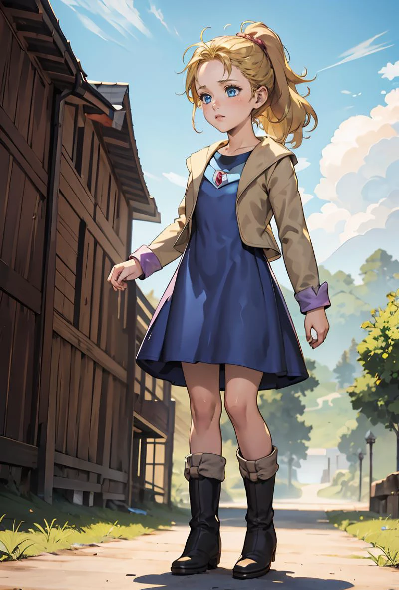 (masterpiece, best quality), 1girl, <lora:krile ff5V2:0.8> krile ff5, blue eyes,jacket,blue dress,boots