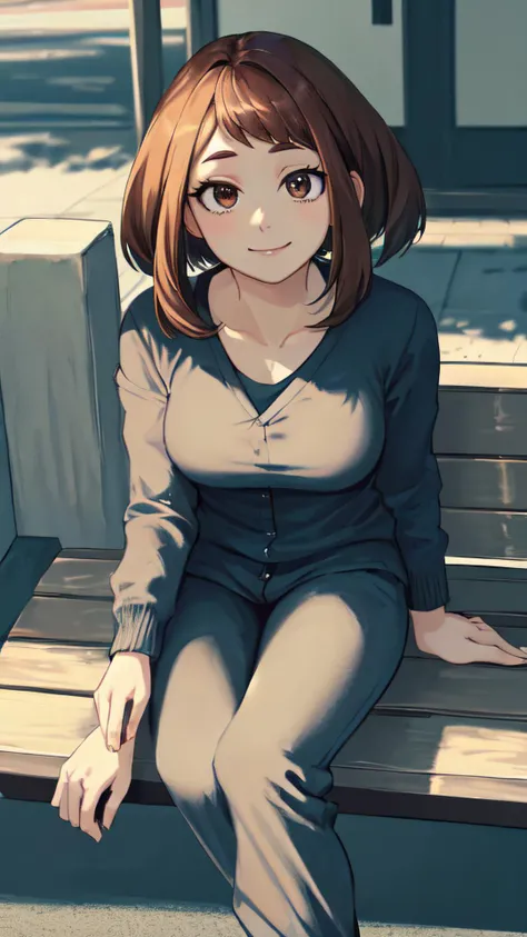 2d, masterpiece, best quality, anime, intricate iris, anime style, extremely detailed face, beautiful face, (detailed eyes, deep eyes),
(sitting on bench ),
(looking at viewer, (seductive smile, closed mouth, in heat), face focus, ),
beautiful lips, full lips,
(town, street),
(medium breasts:1.2, ) ,
<lora:uraraka_ochako:1> , (uraraka_ochako,, t-shirt, cardigan, sidelocks, shirt black and white track pants),