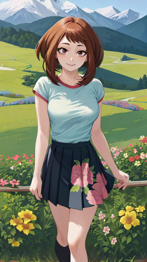 2d, masterpiece, best quality, anime, intricate iris, anime style, extremely detailed face, beautiful face, (detailed eyes, deep eyes),
(standing ),
(looking at viewer, (seductive smile, closed mouth, in heat), face focus, ),
beautiful lips, full lips,
(grassland, mountain,
(medium breasts:1.2,  ) ,
 <lora:uraraka_ochako:1> , (uraraka_ochako,, flower print t-shirt,  sidelocks, knee high pleated skirt,